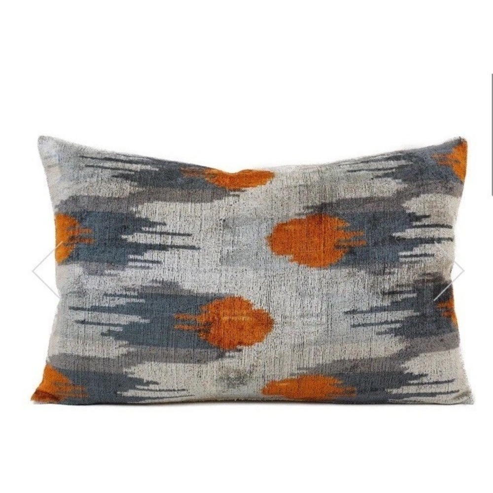 Pair of Velvet Silk Lumbar Pillow Covers Orange & Gray Abstract Boho Decor - Picture 3 of 4